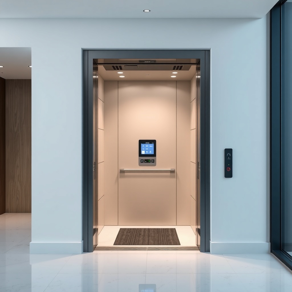 A modern residential building interior with a Kone MonoSpace elevator door open