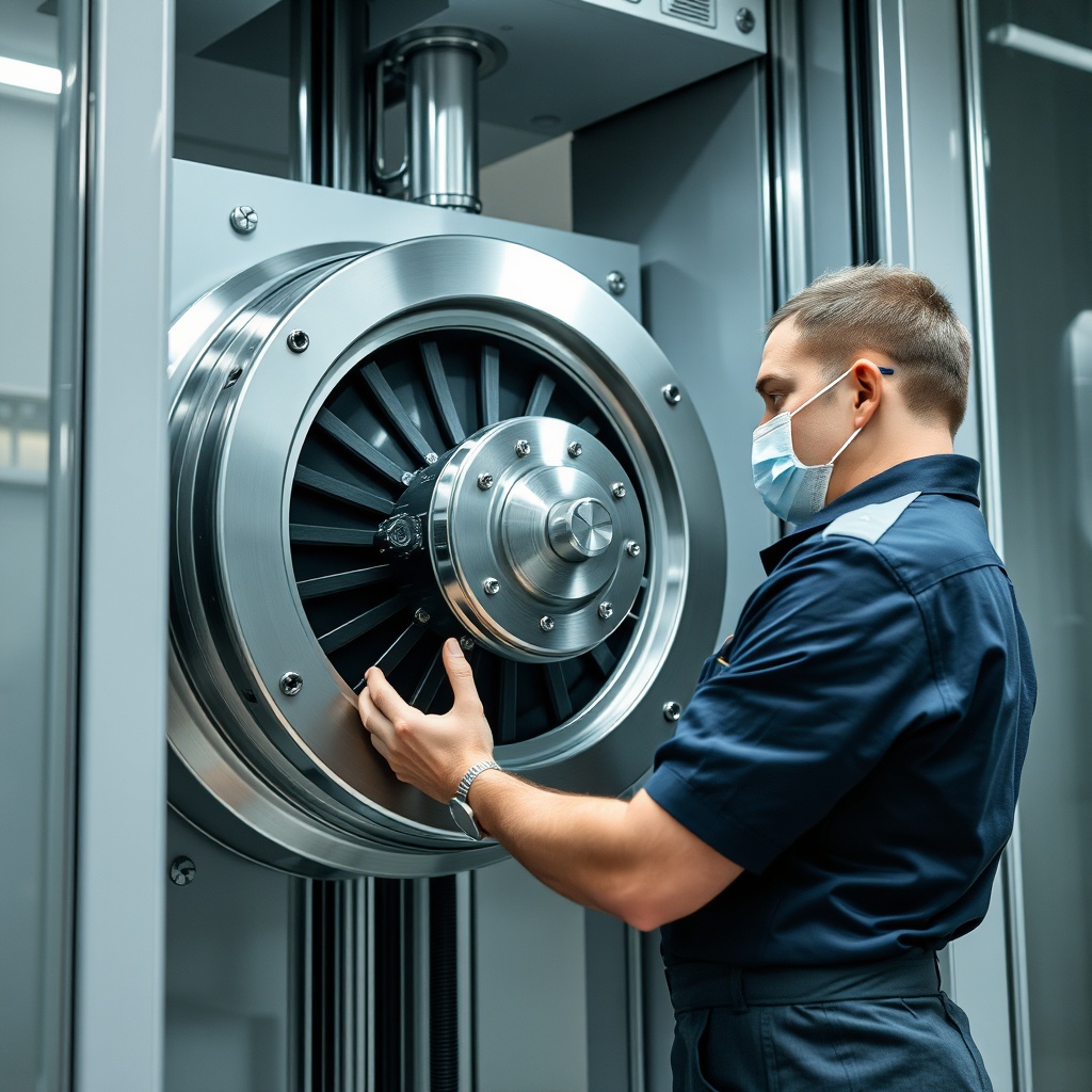 A technician in uniform inspecting the EcoDisc motor of a Kone MonoSpace elevator