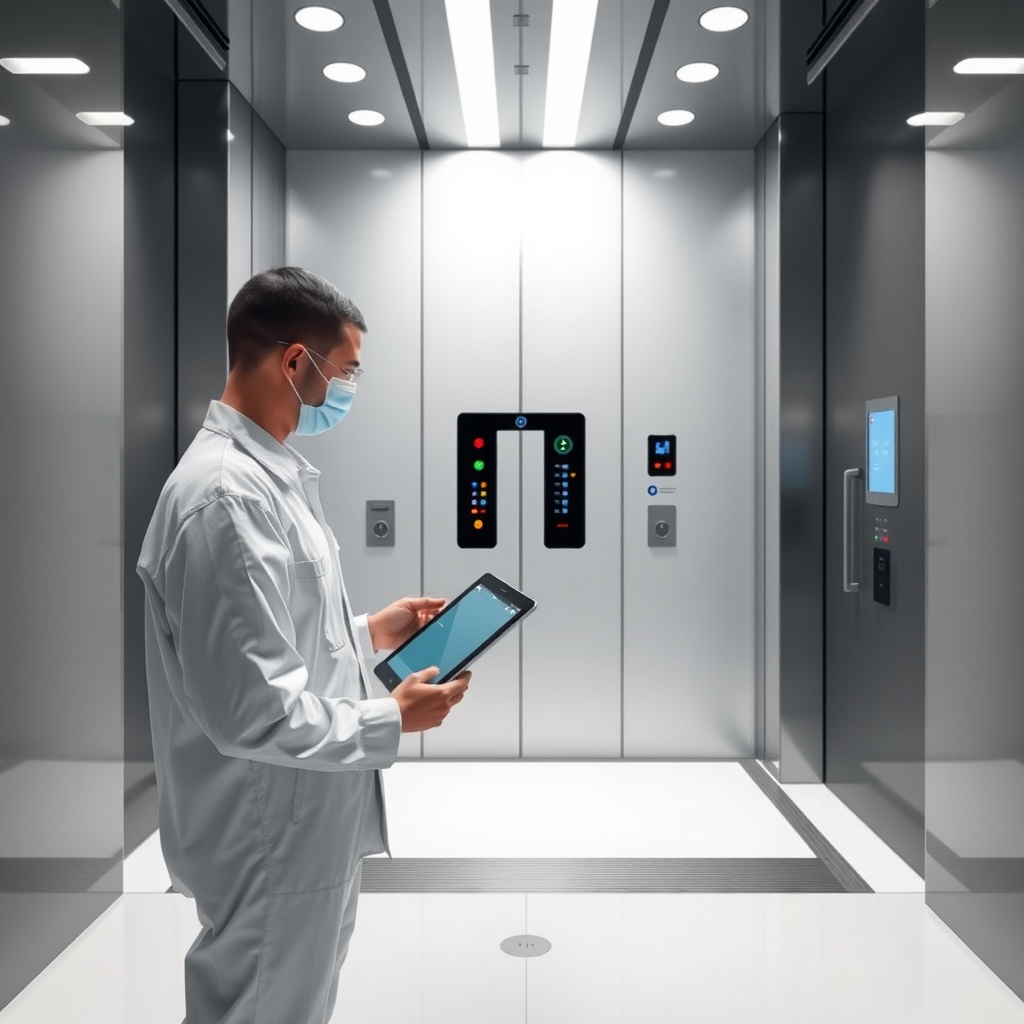 <clean photorealistic photo/illustration of a technician inspecting the Kone MonoSpace mac