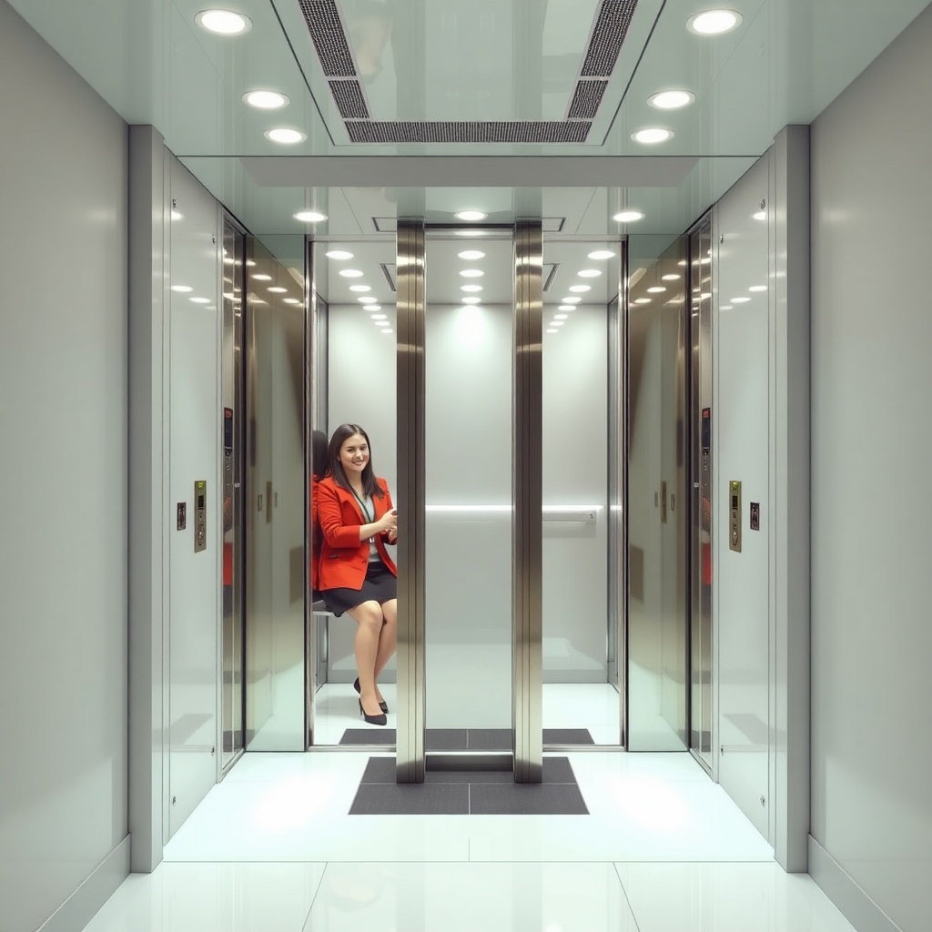 <clean photorealistic photo/illustration of a Kone MonoSpace elevator cabin interior with