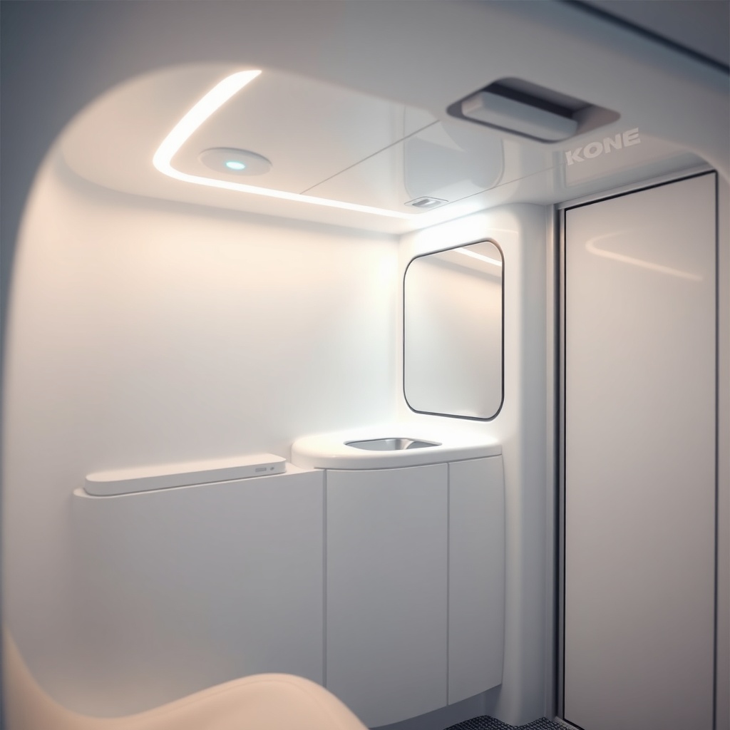 A clean photorealistic photo of a white Kone MonoSpace cabin interior with soft LED lighti