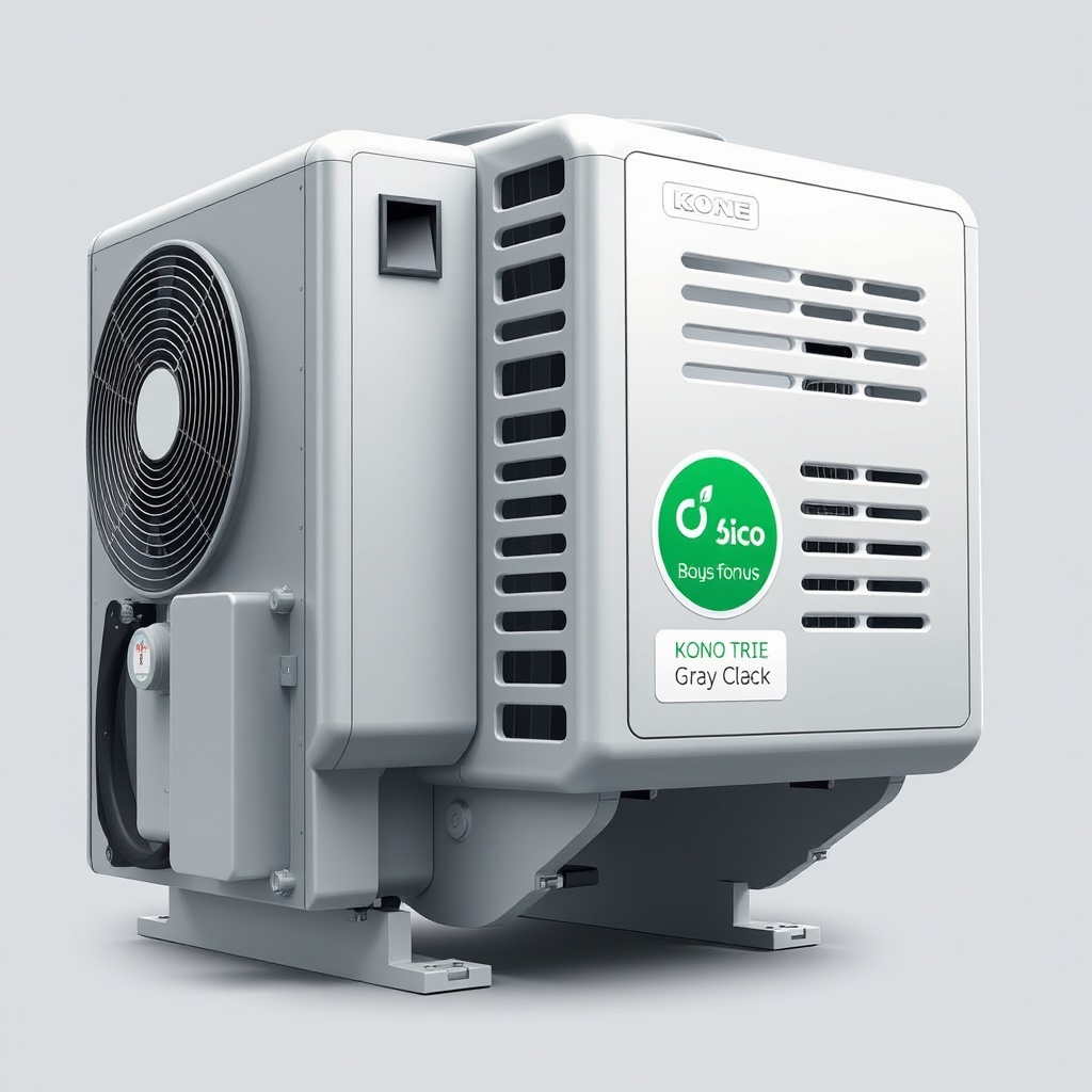 A photorealistic illustration of a Kone MonoSpace motor unit with an EcoDisc label