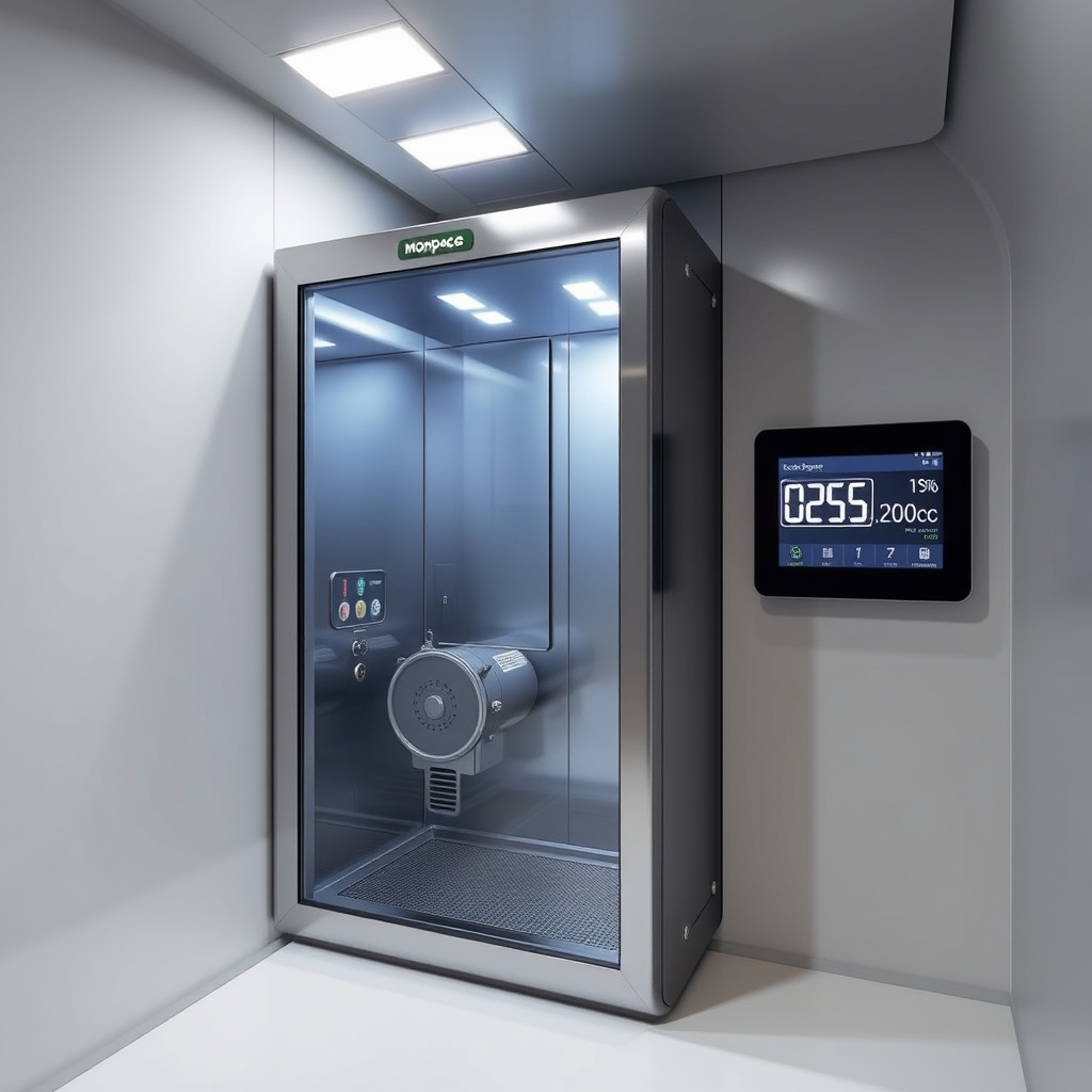 Clear photorealistic photo of Kone MonoSpace machine roomless elevator machine in a shaft