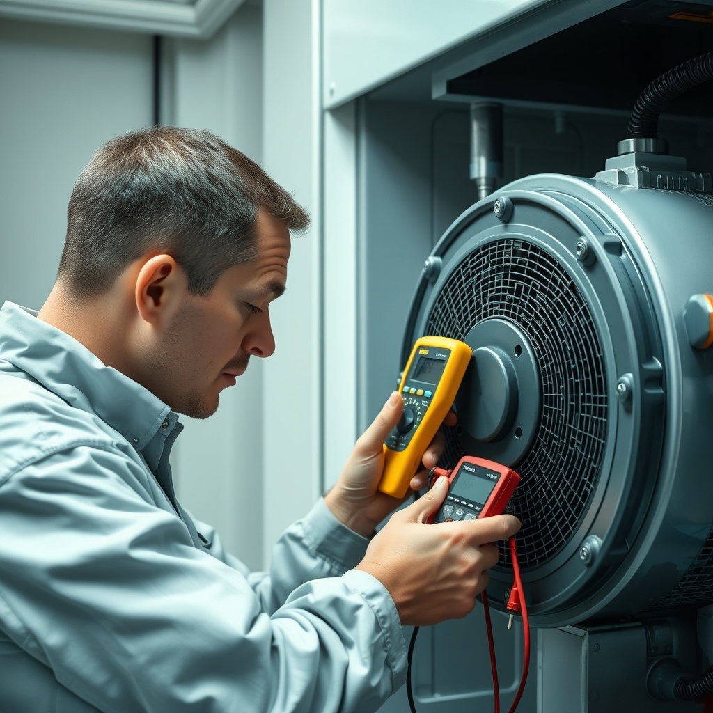 Clean photorealistic photo of a technician performing maintenance on a Kone MonoSpace EcoD