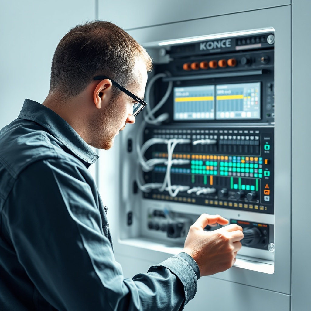 A photorealistic image of a technician checking cable connections inside Kone MonoSpace co
