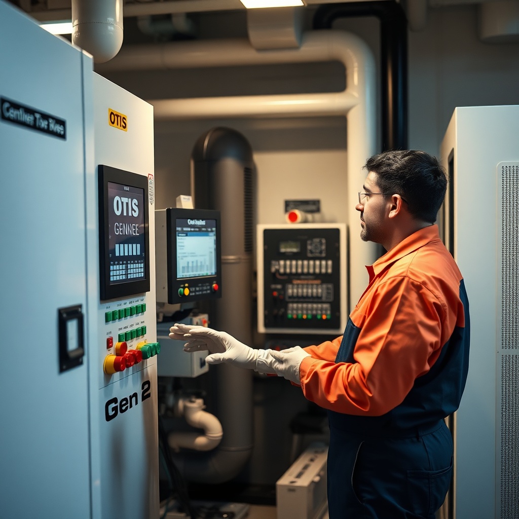 Clean photorealistic photo of an Otis Gen2 machine room with a technician inspecting the c