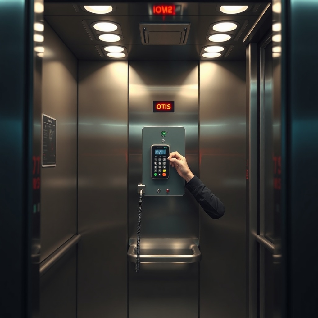 Clean photorealistic photo of an Otis Gen2 elevator cabin interior with a technician testi
