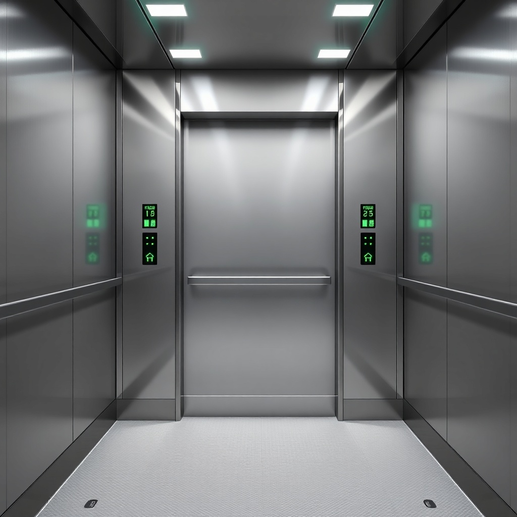 <Photorealistic image of Otis Gen2 machine-room-less elevator with sleek silver cabin inte