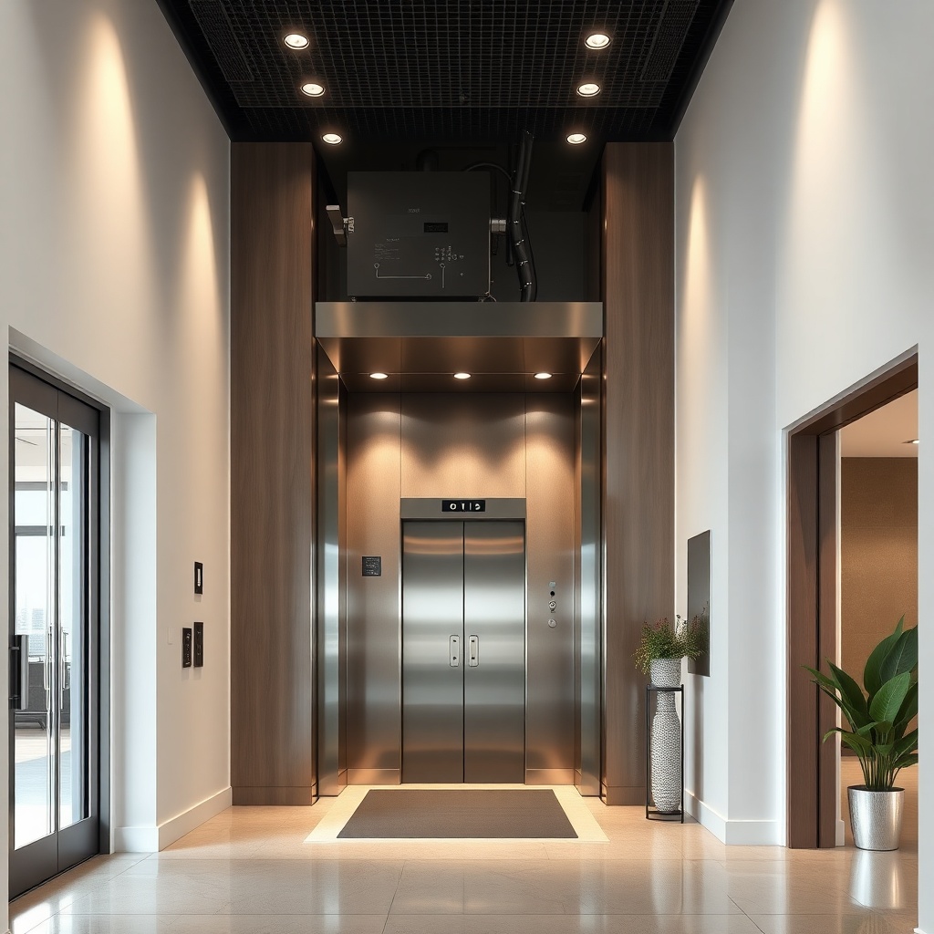 <clean photorealistic photo of Otis Gen2 machine-room-less elevator installation in a mode