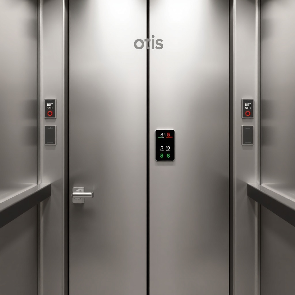 <clean photorealistic photo of Otis Gen2 elevator door and safety sensors