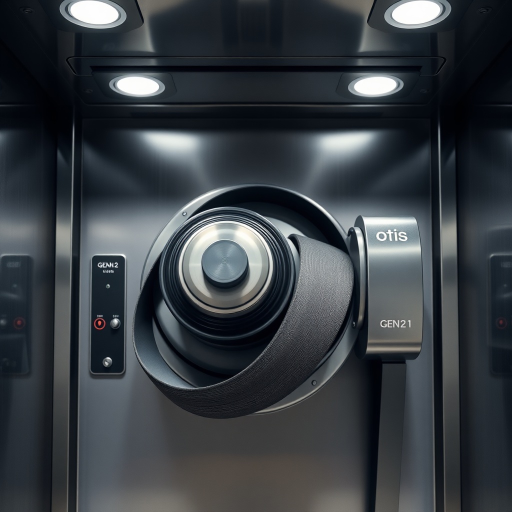 Close-up photograph of a modern elevator machine room